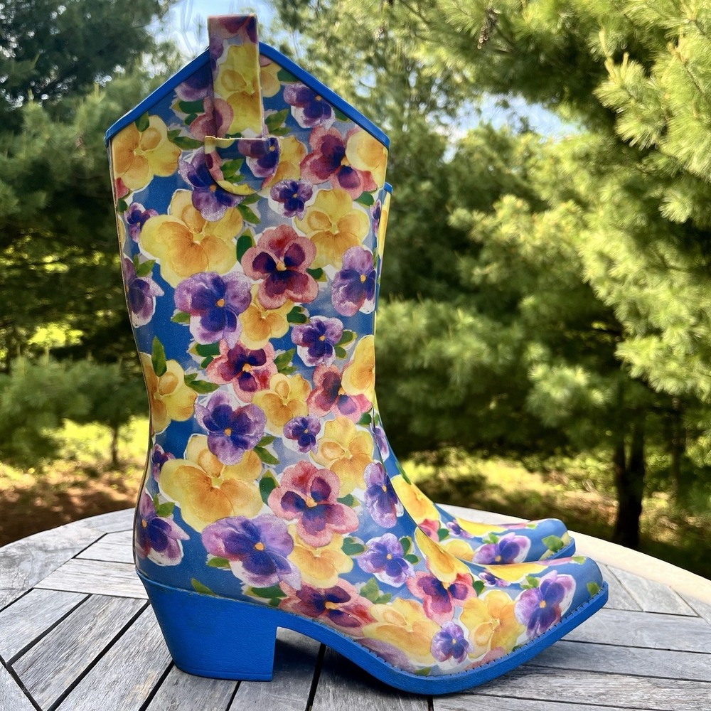 Nature Breeze Rubber Rain Boots Sz 9 Cowboy Festival Floral Pansy Blue Yellow